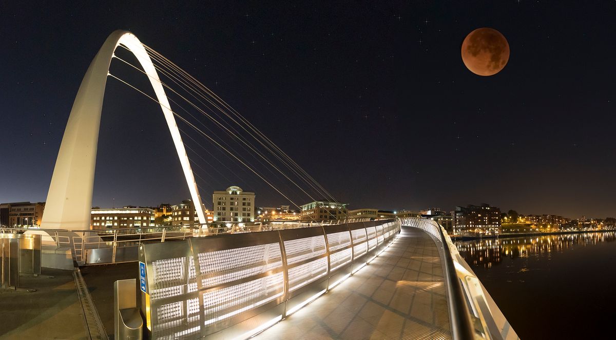 The Millenniumm Bridge Gateshead with a montage of the Lunar eclipse