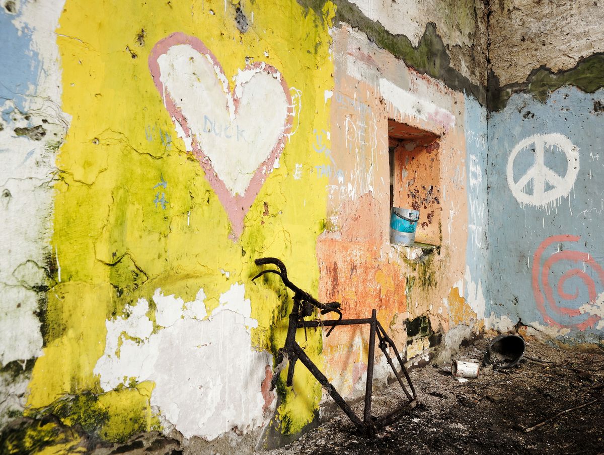 an old ruin house and some findings set up for moody image