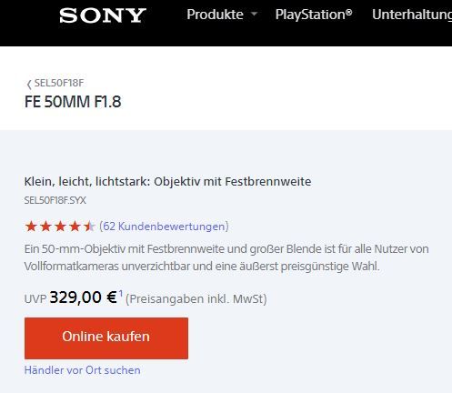 Beispiel der vollen Modellnummer auf der Sony-Website.