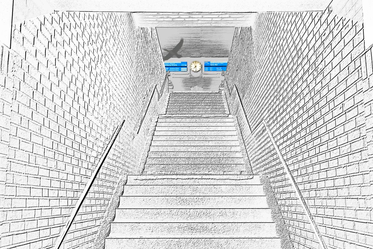 Photomontage, Treppe Bahnhof Göttingen und Kormoran