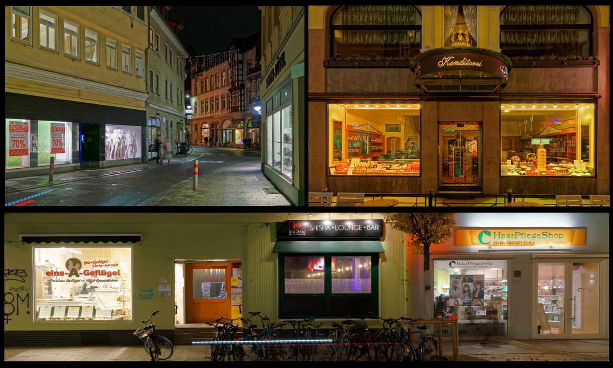 Links und unten Groner Straße, rechts Göttingens süßeste Adresse in der  Fußgängerzone