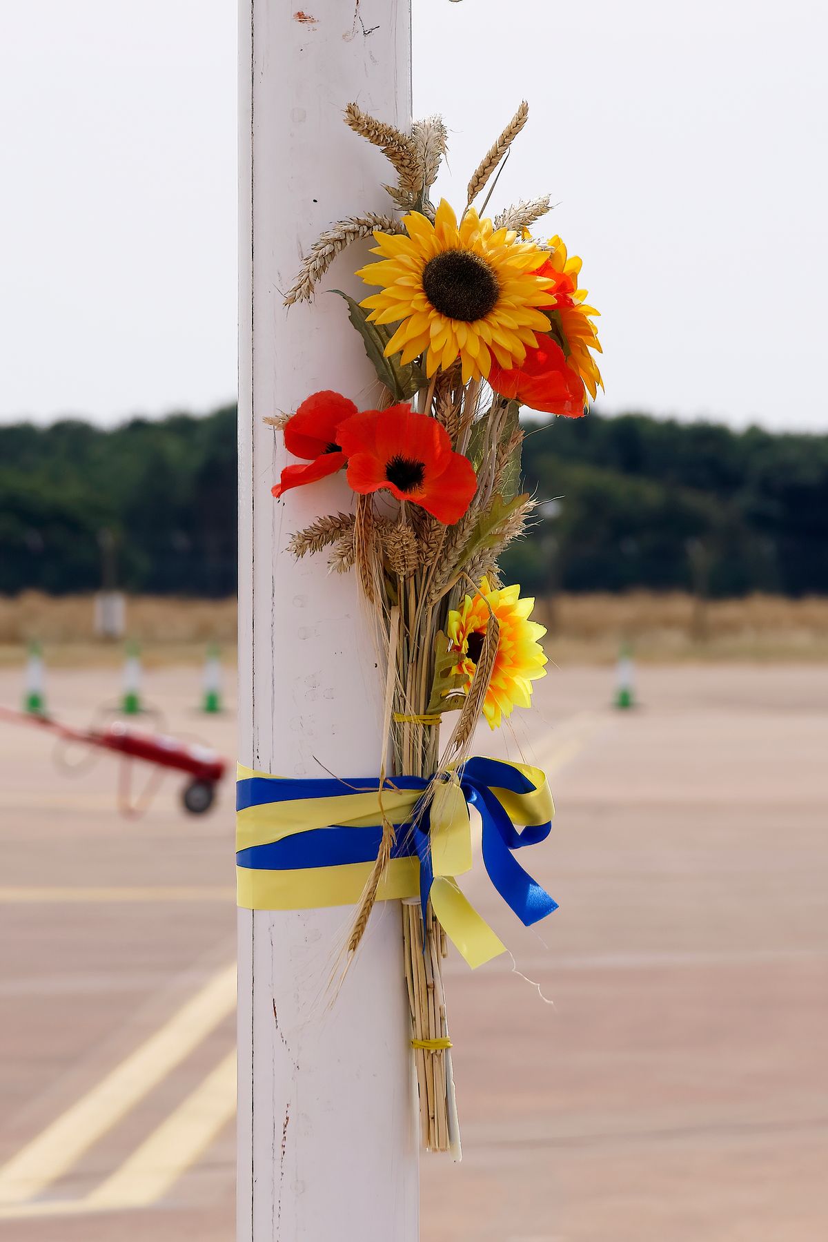 Zum Gedenken an eines der besten Kampfpiloten der Welt, Oberst Oleksandr Oksanchenko (grauer Wolf), der in der Nacht des 25. Februar mit seinen Jet über Kiew abgeschossen wurde. Die drei verwaisten Bremsklötze erinnern an die Position, wo zuletzt seine Su-27 (39) beim RIAT (Royal International Air Tattoo) geparkt war.   Es ist letztendlich ein Fingerzeig auf Putins Ukraine Krieg !