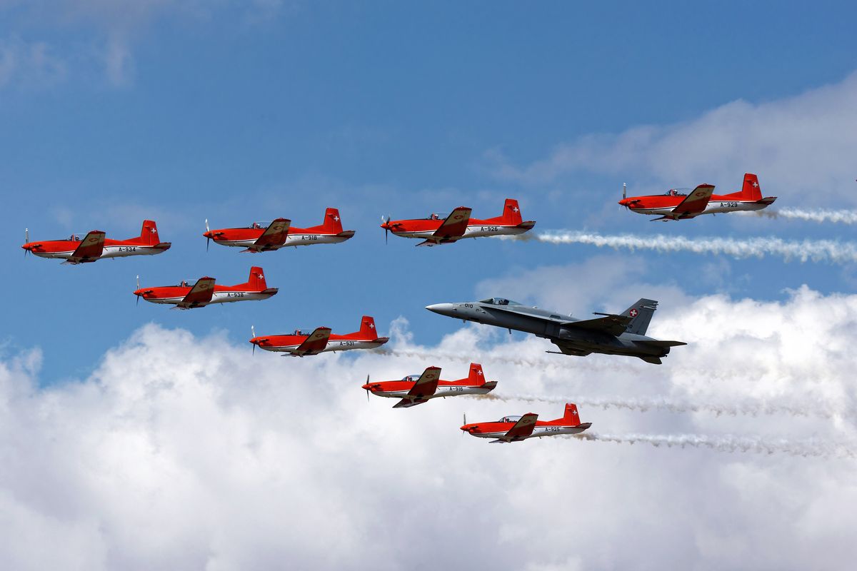 Das PC-7 Team und F/A-18C Hornet, von der Swiss Air Force. Location : The Royal International Air Tattoo 2018 in Fairford