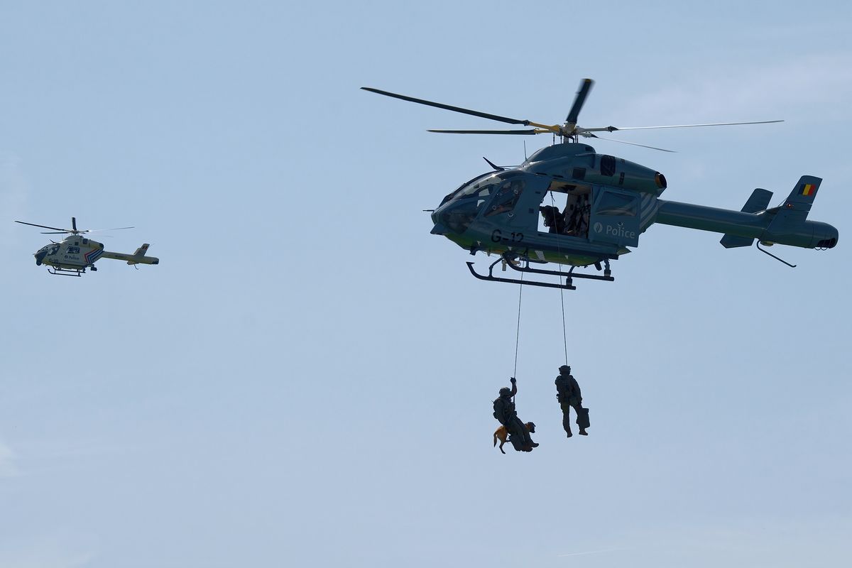 Dieser belgische Schäferhund der Federale Politie, wird aus einem Helikopter abgeseilt. Location: Melsbroek Air Base. Event: 75 Years 15th Air Transport Wing